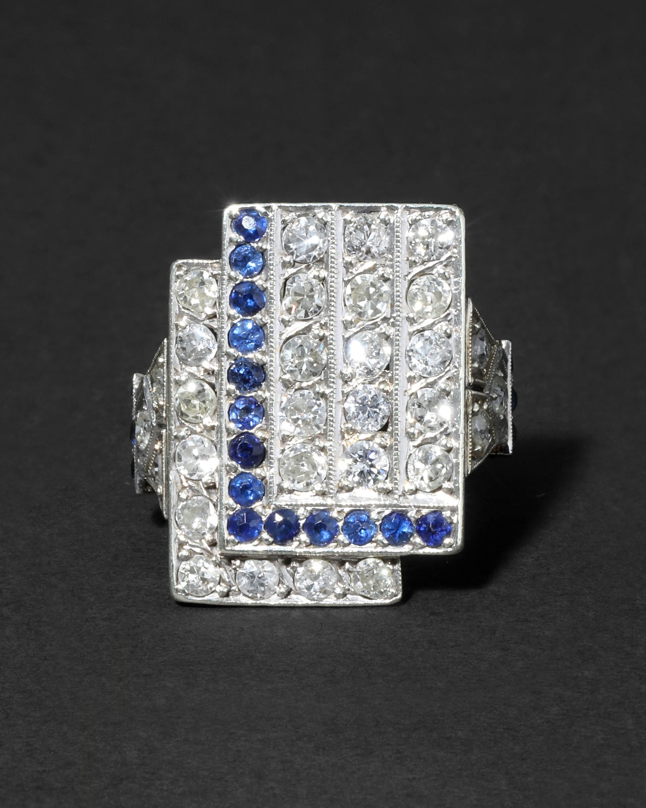 Vintage 1930s 14k White Gold with Sapphire & Diamond Deco Design Ring - Photo 2