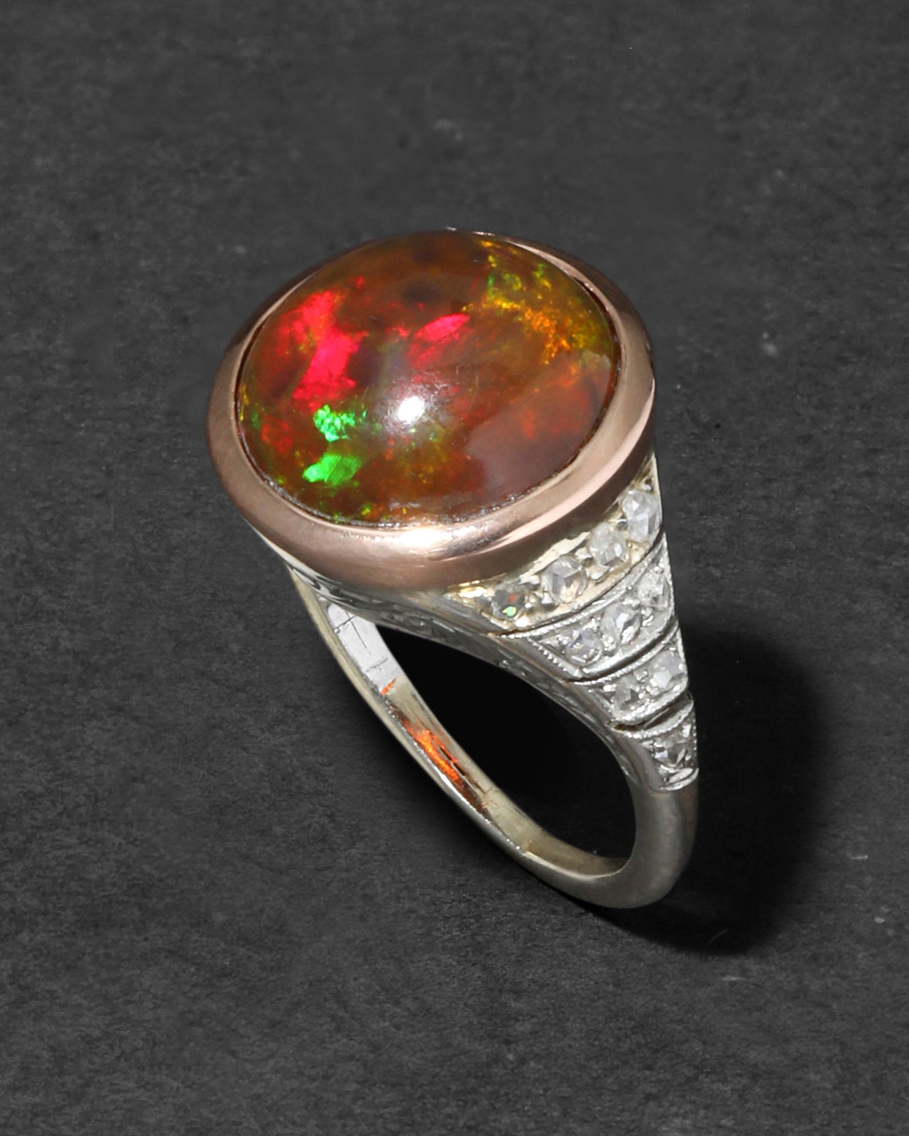 Antique Edwardian 1910s 14k Rose Gold Platinum Opal & Diamond Band Ring - Photo 2