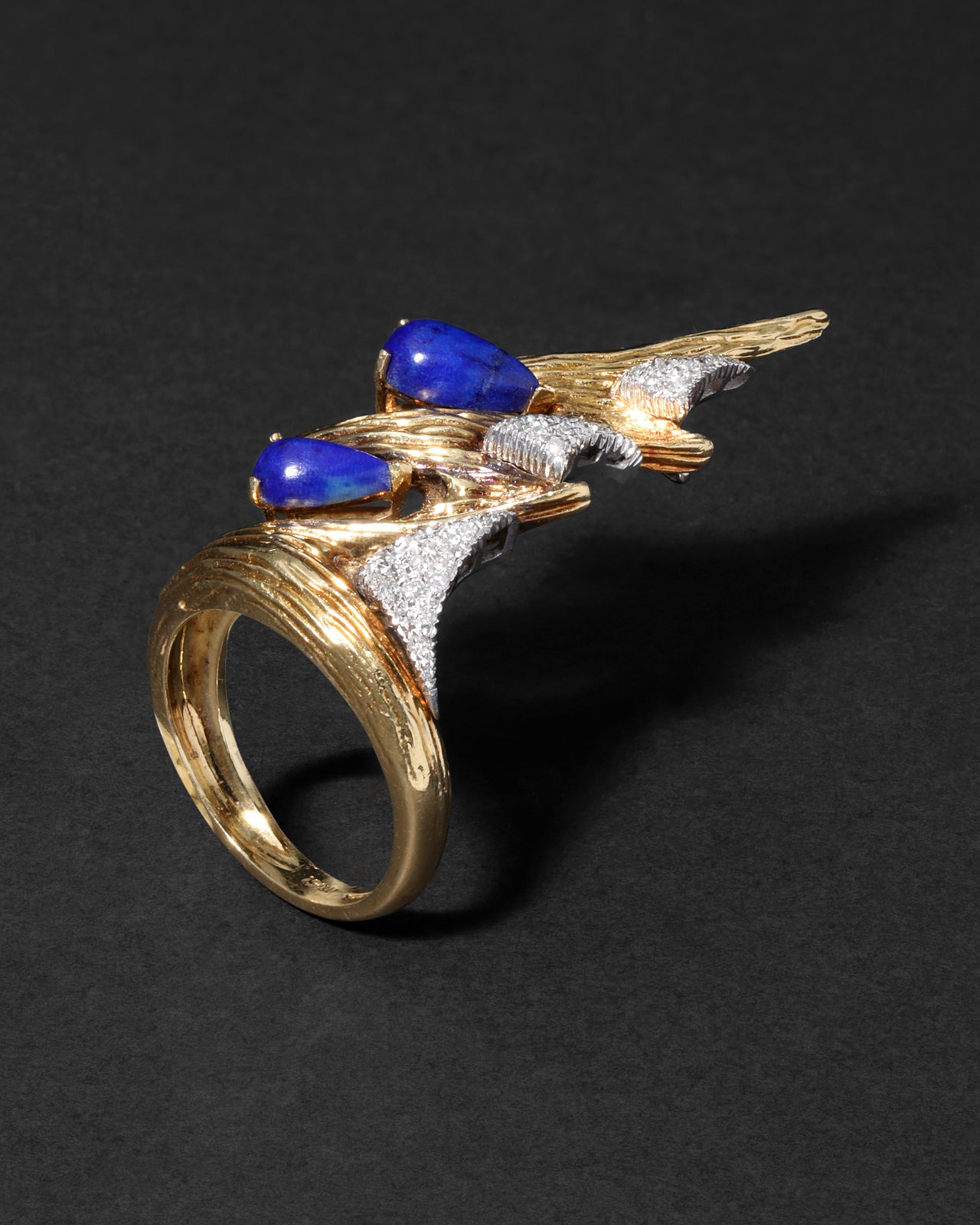 Vintage 1960s Platinum & 18k Gold with Lapis & Diamond Brutalist Ring - Photo 2