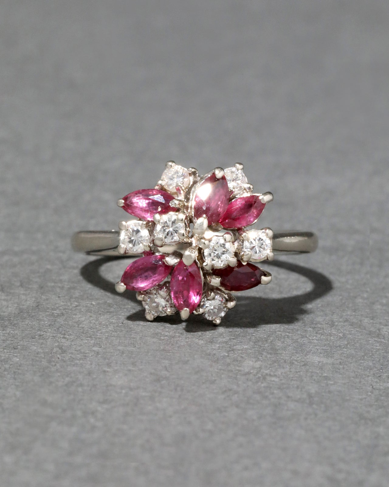 Vintage 1950s 14k White Gold Ruby & Diamond Flower Cluster Ring - Photo 2
