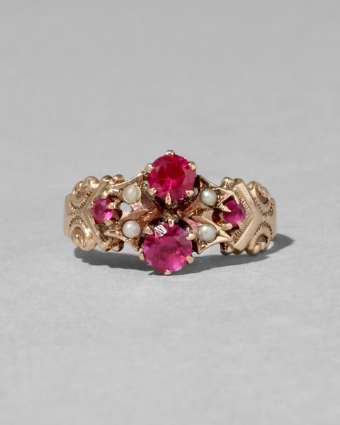 Antique 1800s 10k Gold Hand Engraved Ruby & Seed Pearl Band Ring Antique 1800s 10k Gold Hand Engraved Ruby & Seed Pearl Band Ring
