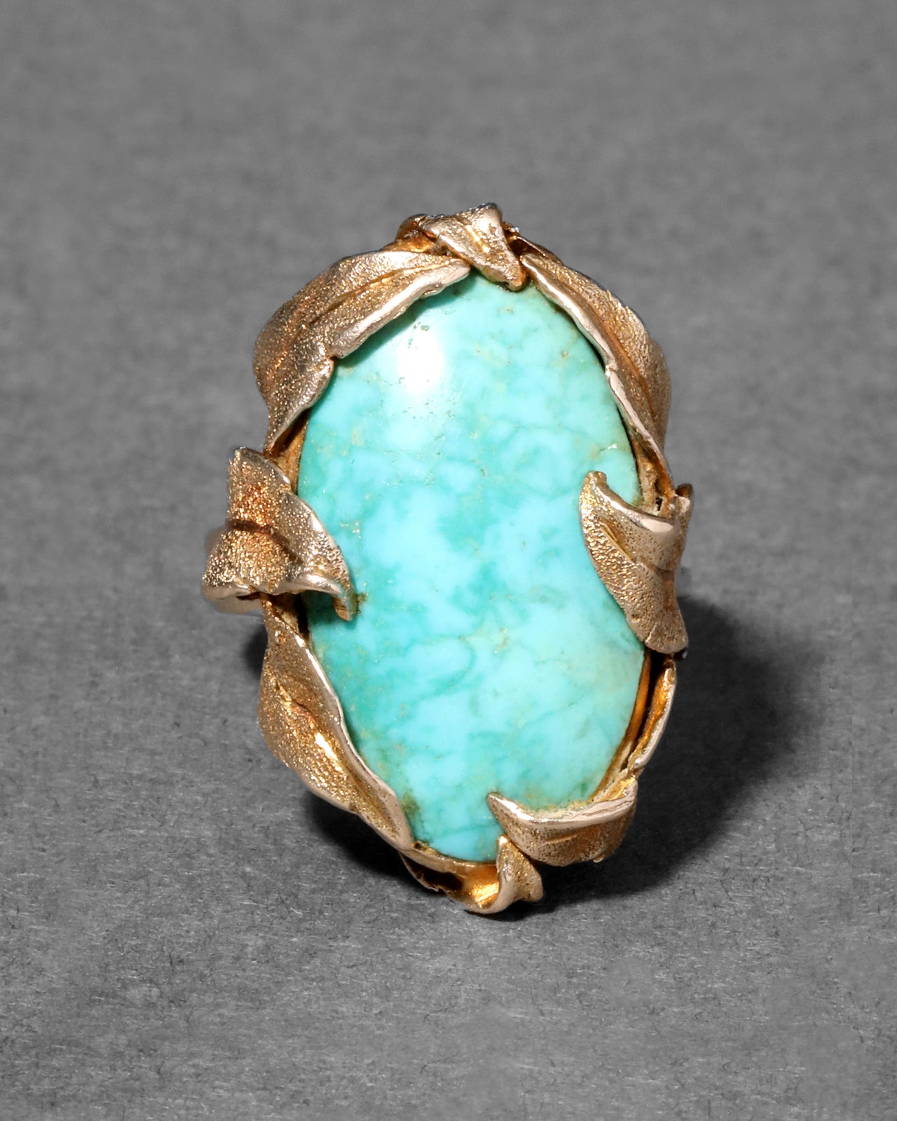 Vintage 1940s 10k Gold Leaf Bezel Set Turquoise Ring - Photo 2
