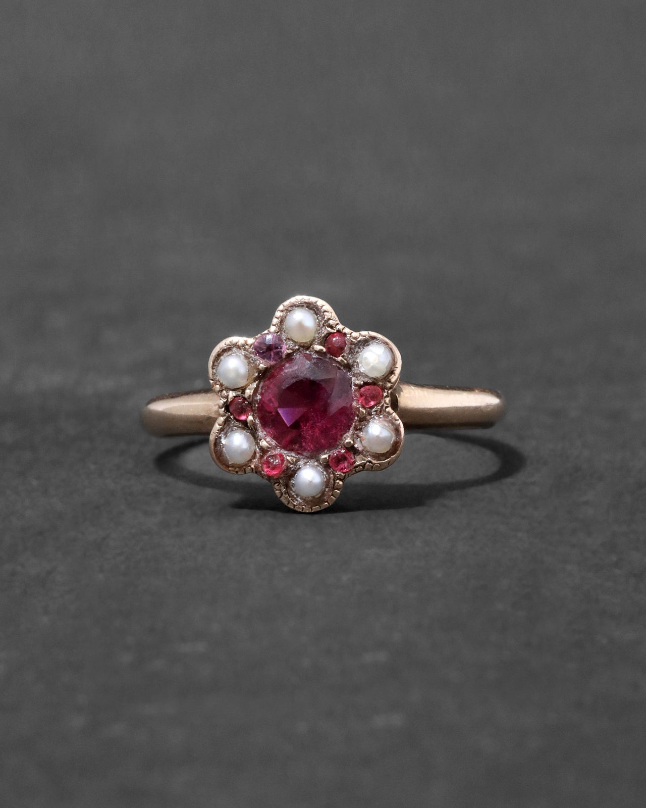 Antique 10k Gold Pink Tourmaline and Pearl Cluster Ring - Photo 2