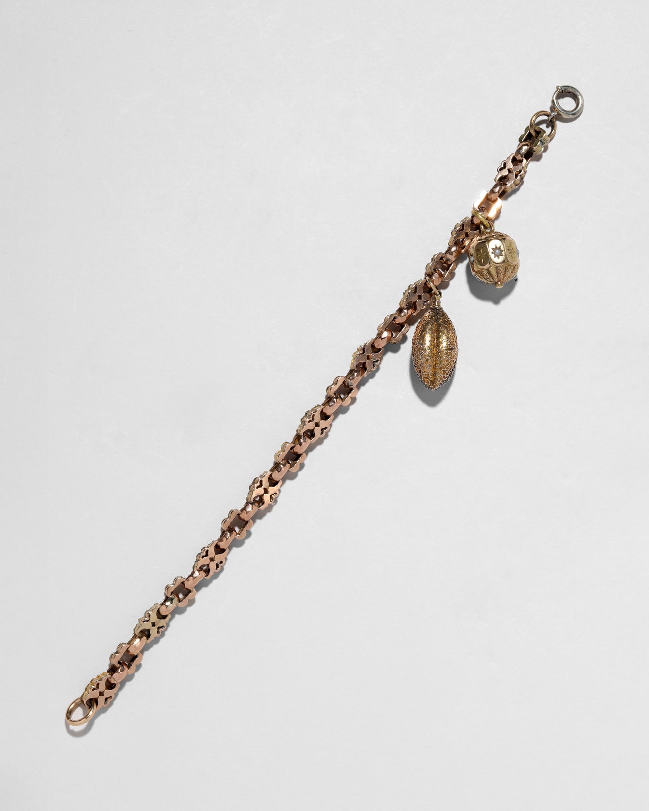 Antique Victorian 1880s 14k Two Tone Gold Fill with Seed Pearl Handmade Charm Link Bracelet - Photo 2