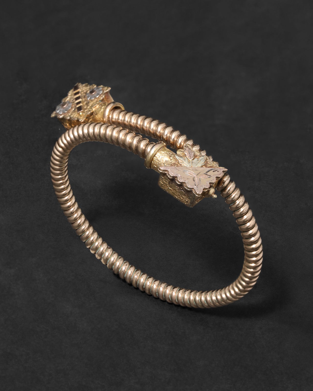 Antique 1800s 14k Tricolor Gold Fill Coil Bracelet with Hand Engraved End Caps - Photo 2