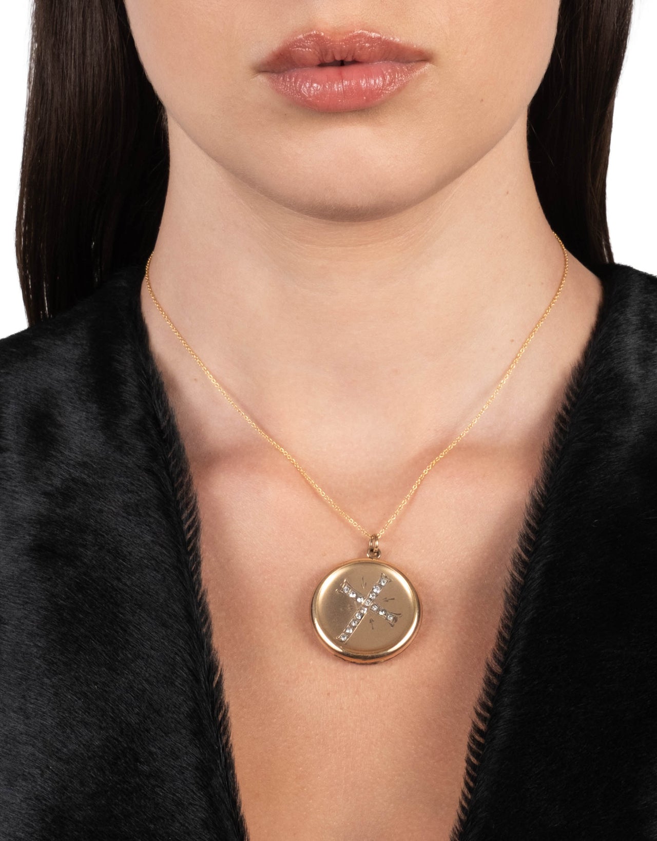 Antique 1800s 14k Gold Fill Crystal Hand Etched Cross Locket Necklace - Photo 2