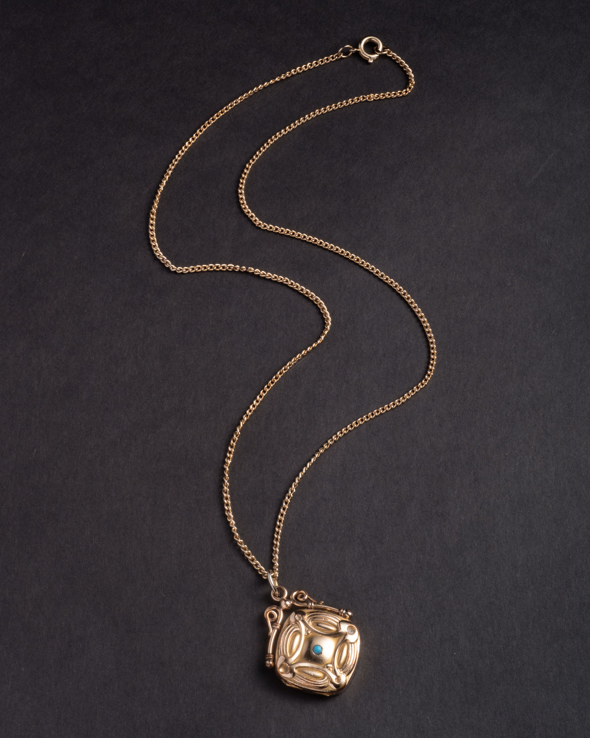 Antique Late 1800s 14k Gold Fill & Turquoise Art Nouveau Locket Pendant Necklace - Photo 2