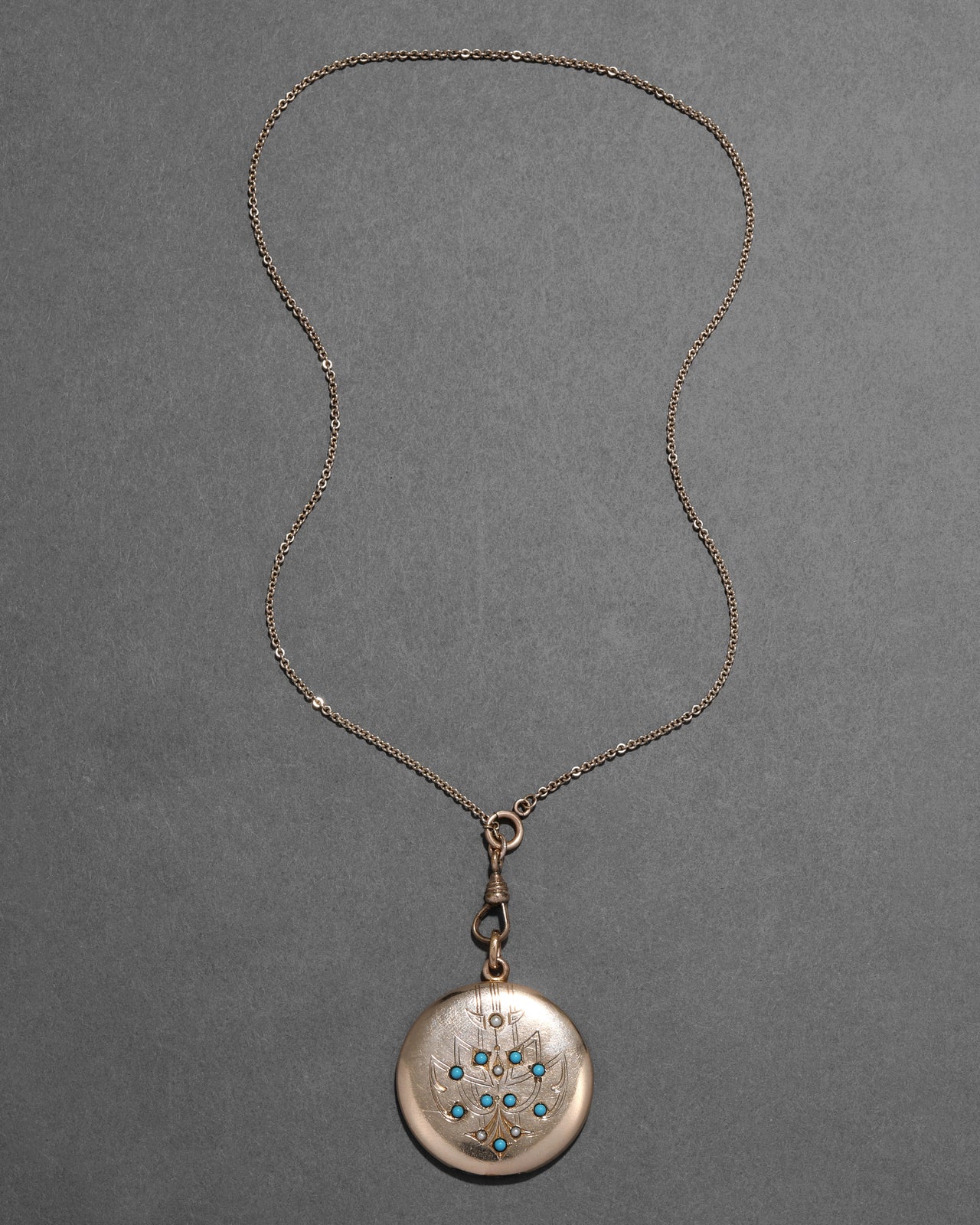 Antique Early 1900s 14k Gold Fill with Iranian Turquoise & Cultured Pearl Locket Pendant Necklace - Photo 2