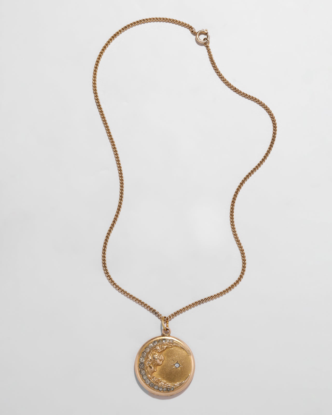 Antique Victorian Late 1800s 14k Gold Fill & Paste Crystal Crescent Moon Locket Pendant Necklace - Photo 2