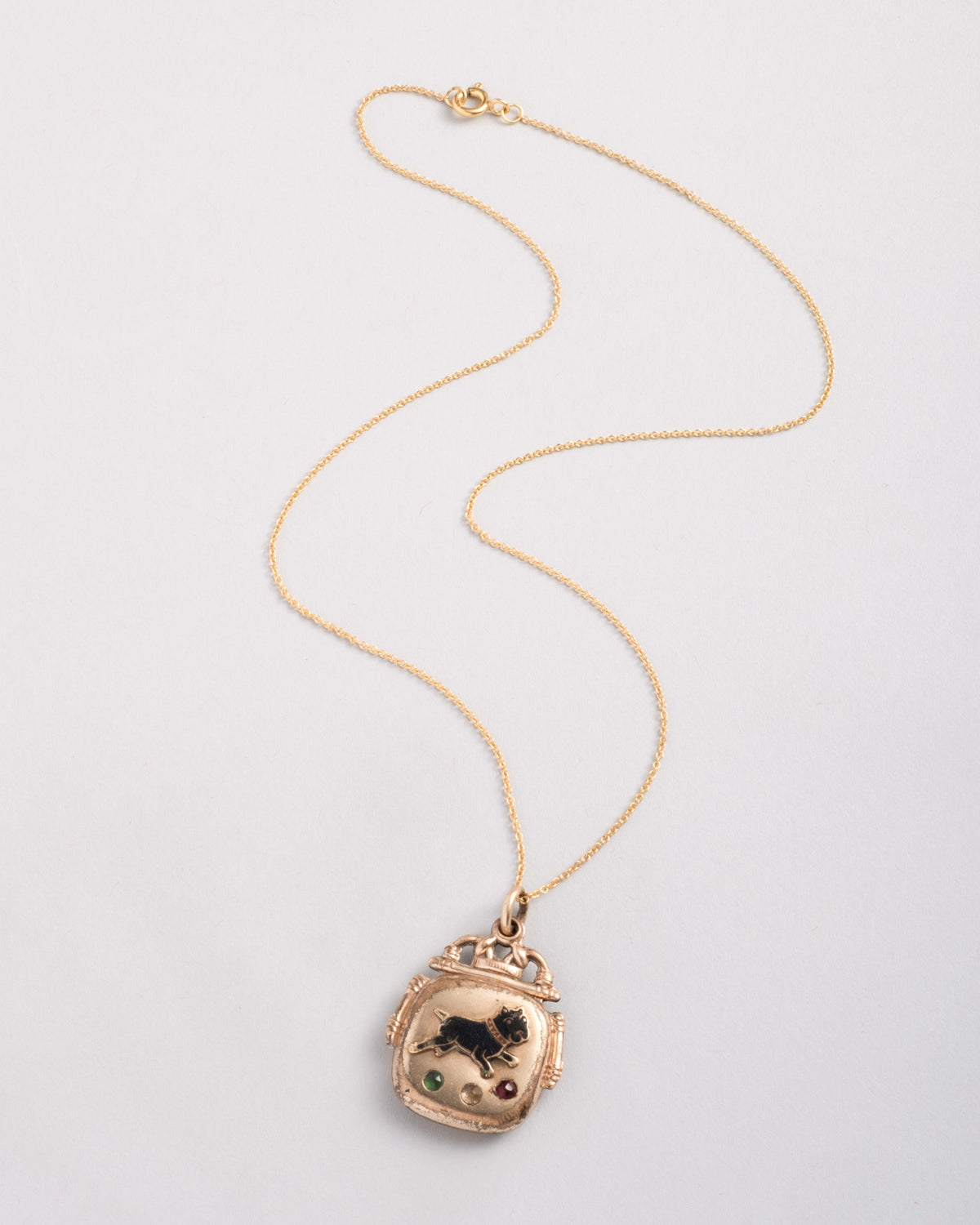 Antique 1920s 14k Gold Plated Black Enamel & Crystal Dog Charm Pendant Necklace - Photo 2