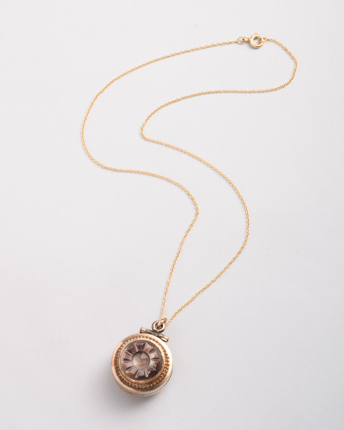 Antique 1800s 14k Gold Fill with Hand-Carved Mother of Pearl & Obsidian Barrel Locket Pendant Necklace - Photo 2