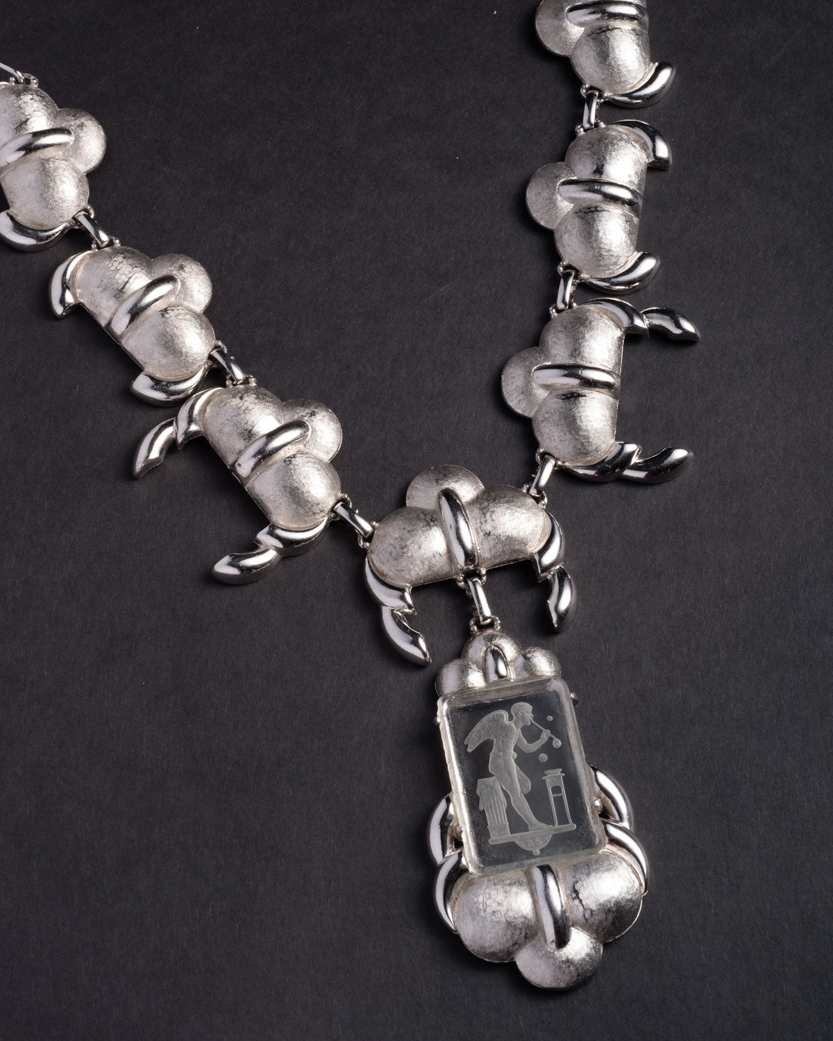Vintage 1980s Rhodium Plated Base Metal & Hand-Etched Crystal Cloud & Cupid Necklace - Photo 2