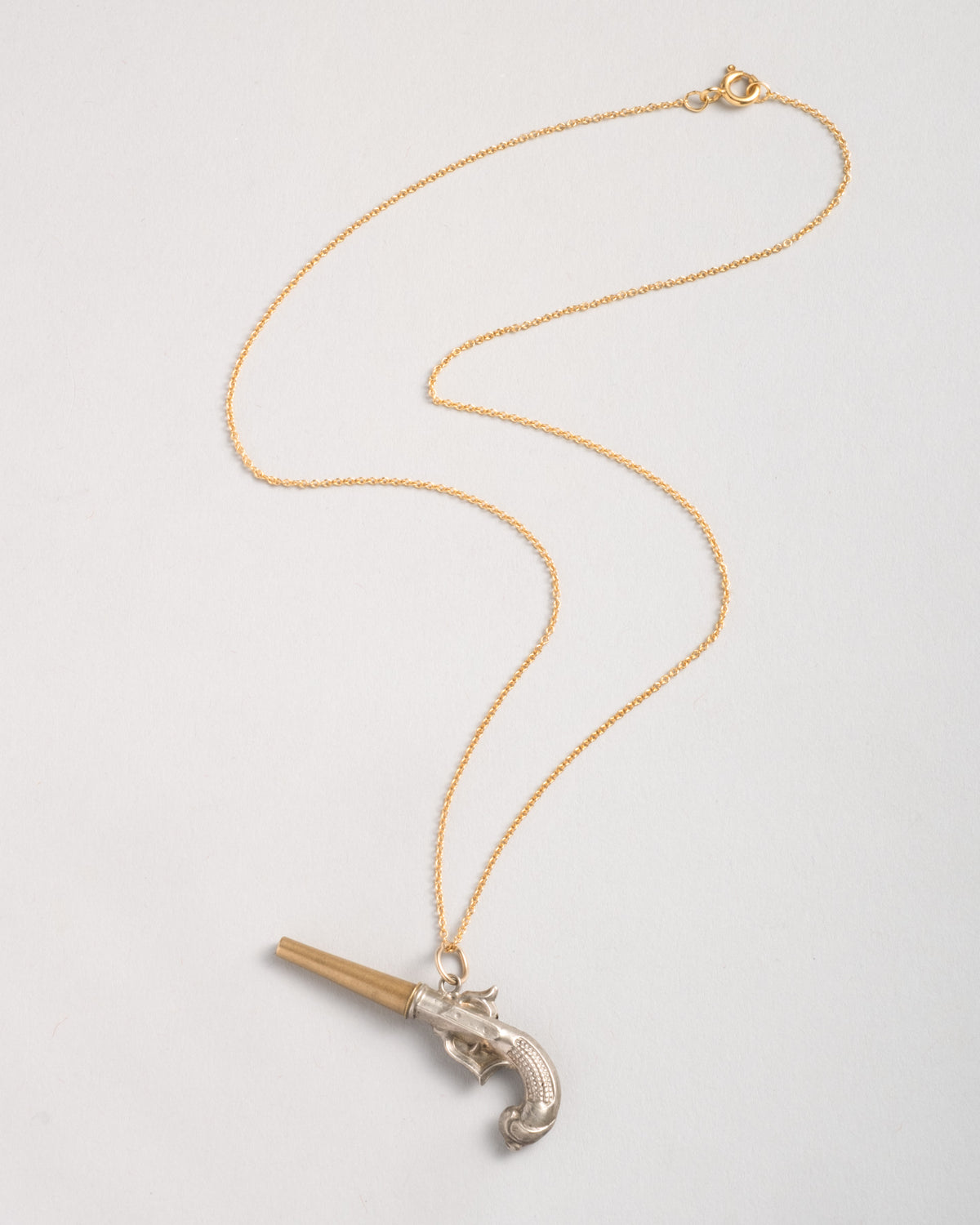 Antique Victorian 1800s Sterling Silver & Brass Pistol Pendant Necklace - Photo 2