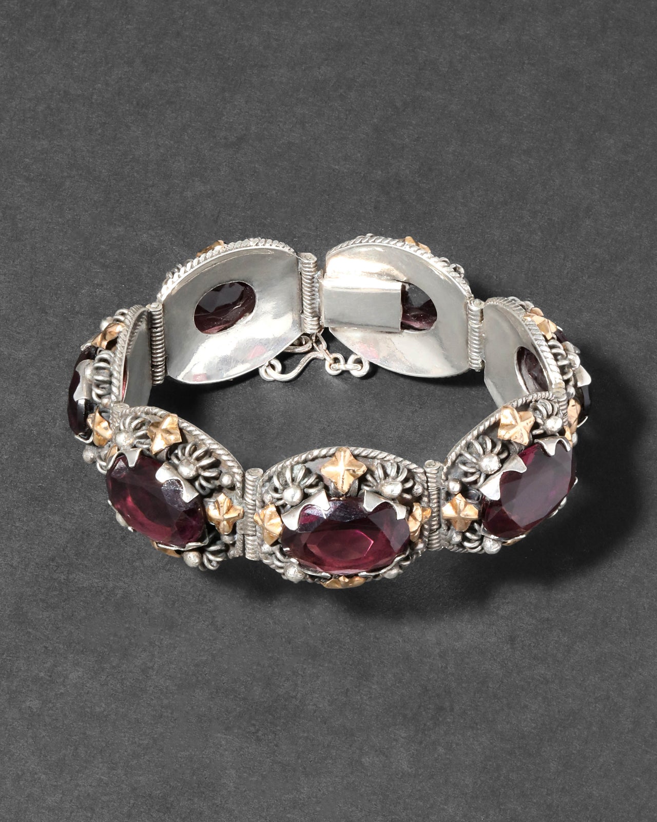 Vintage 1930s Sterling Silver & 14k Gold Cut Crystal European Bracelet - Photo 2