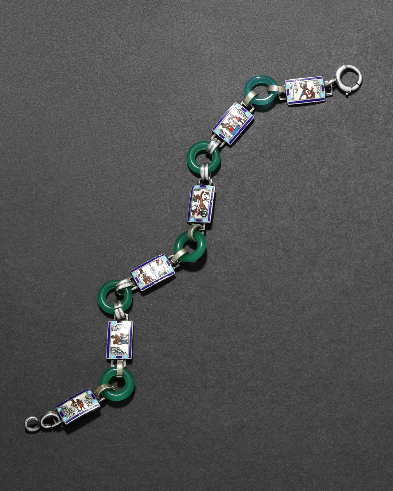 Vintage 1930s Sterling Silver & Green Onyx Egyptian Revival Bracelet - Photo 2