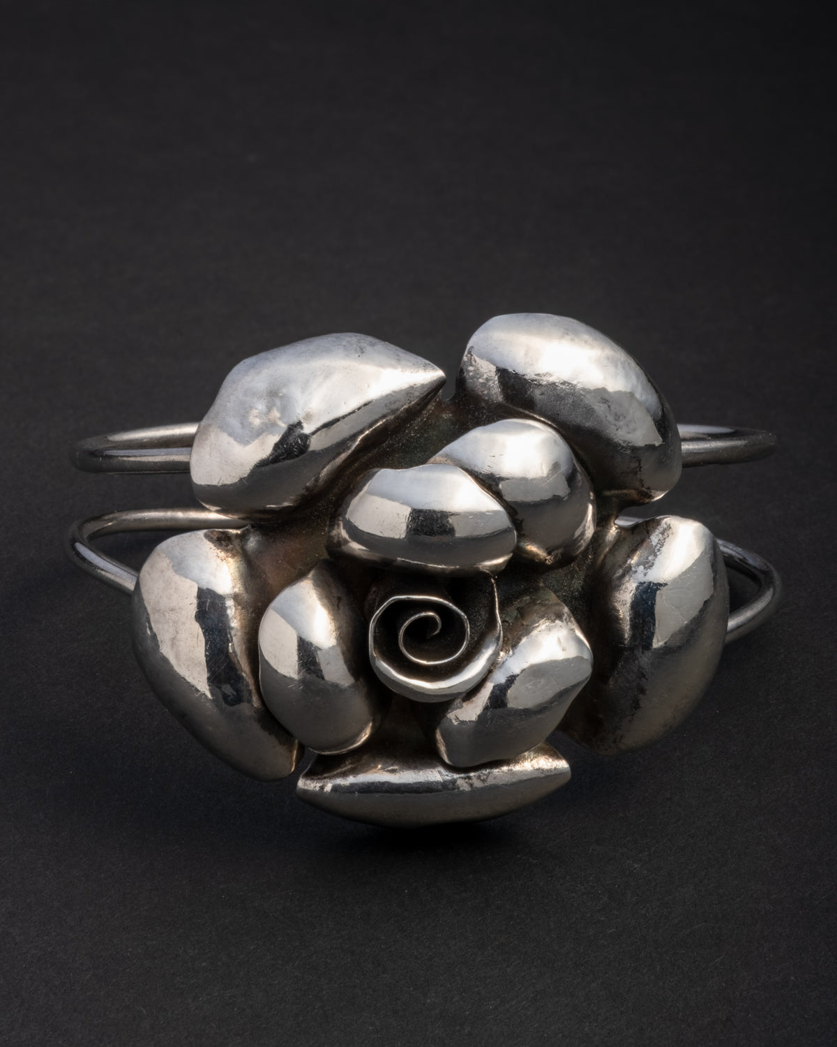 Vintage 1950s Handmade Sterling Silver Rose Cuff Bracelet - Photo 2
