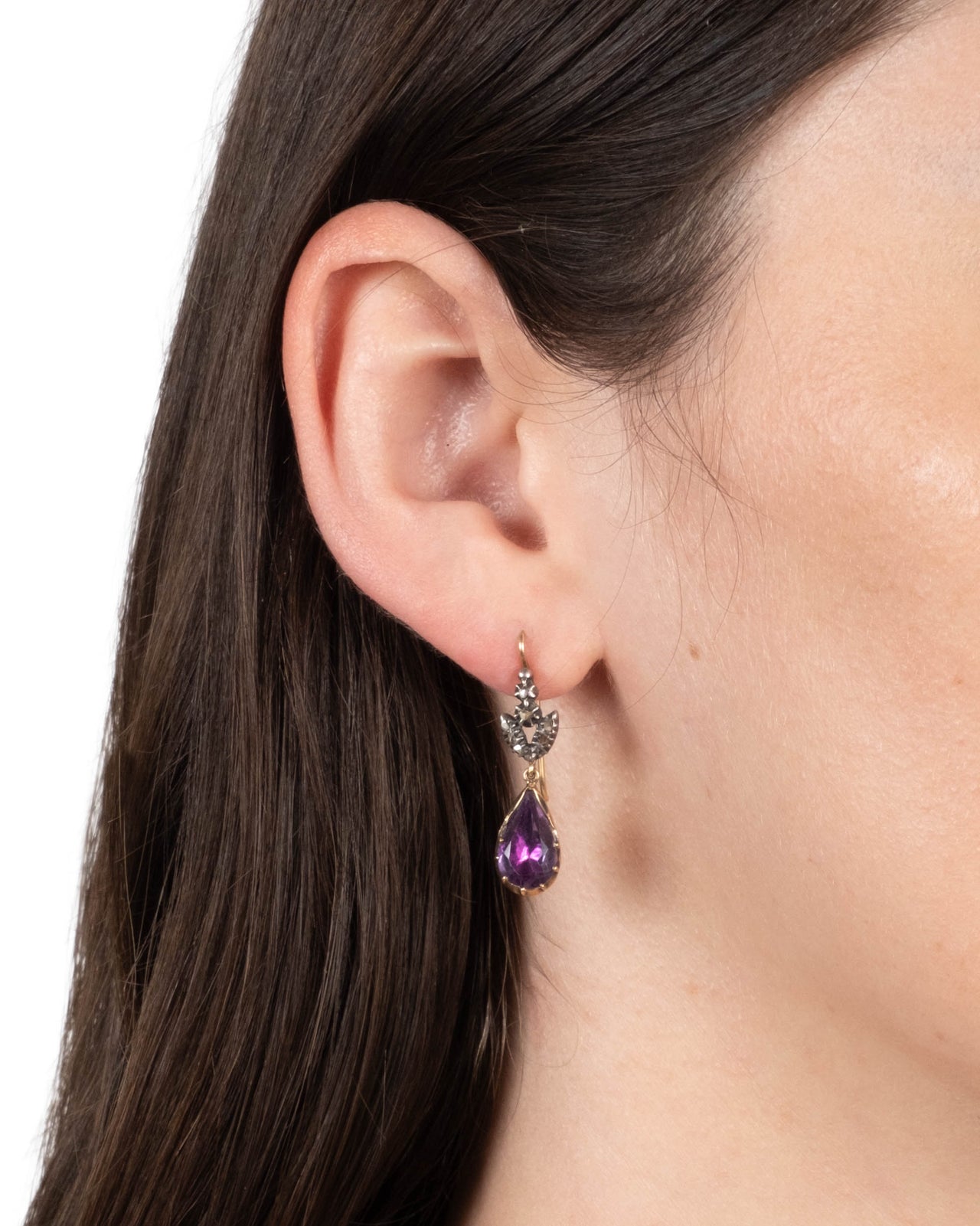 Antique 14k Gold and Sterling Silver Earrings with Amethyst and Leafy Diamond Tops - Photo 2