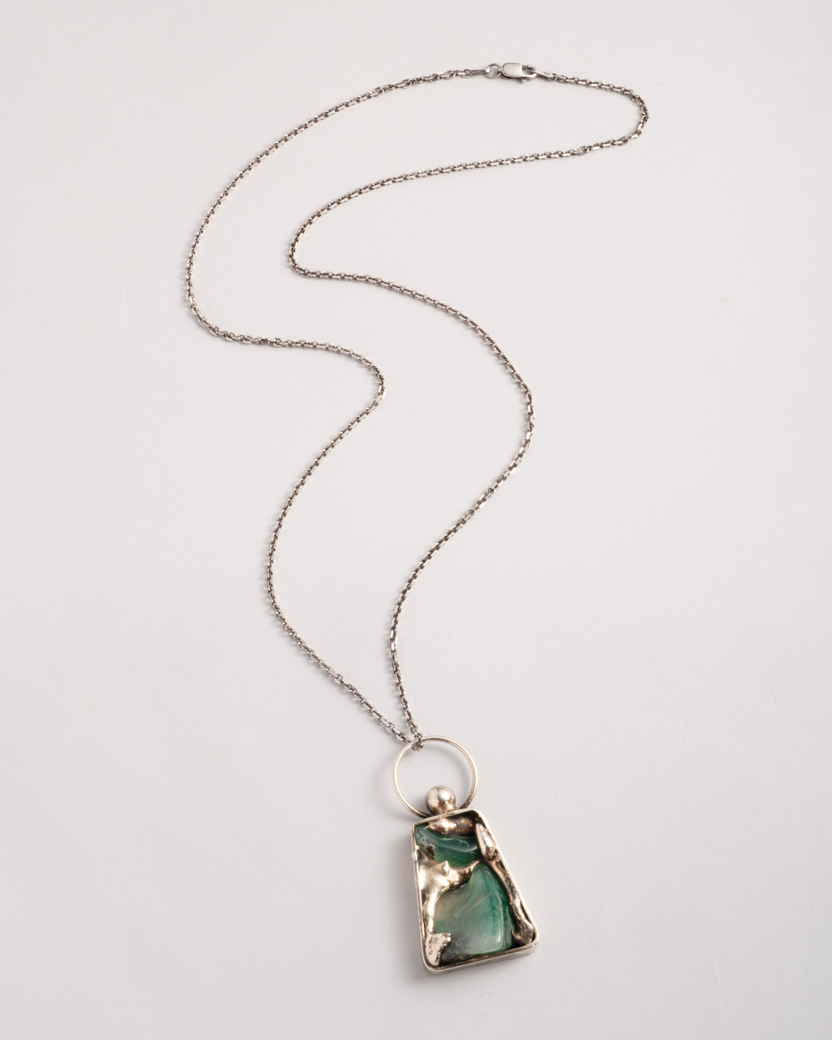 Vintage Danish 1970s Sterling Silver & Green Onyx Handmade Pendant Necklace - Photo 2