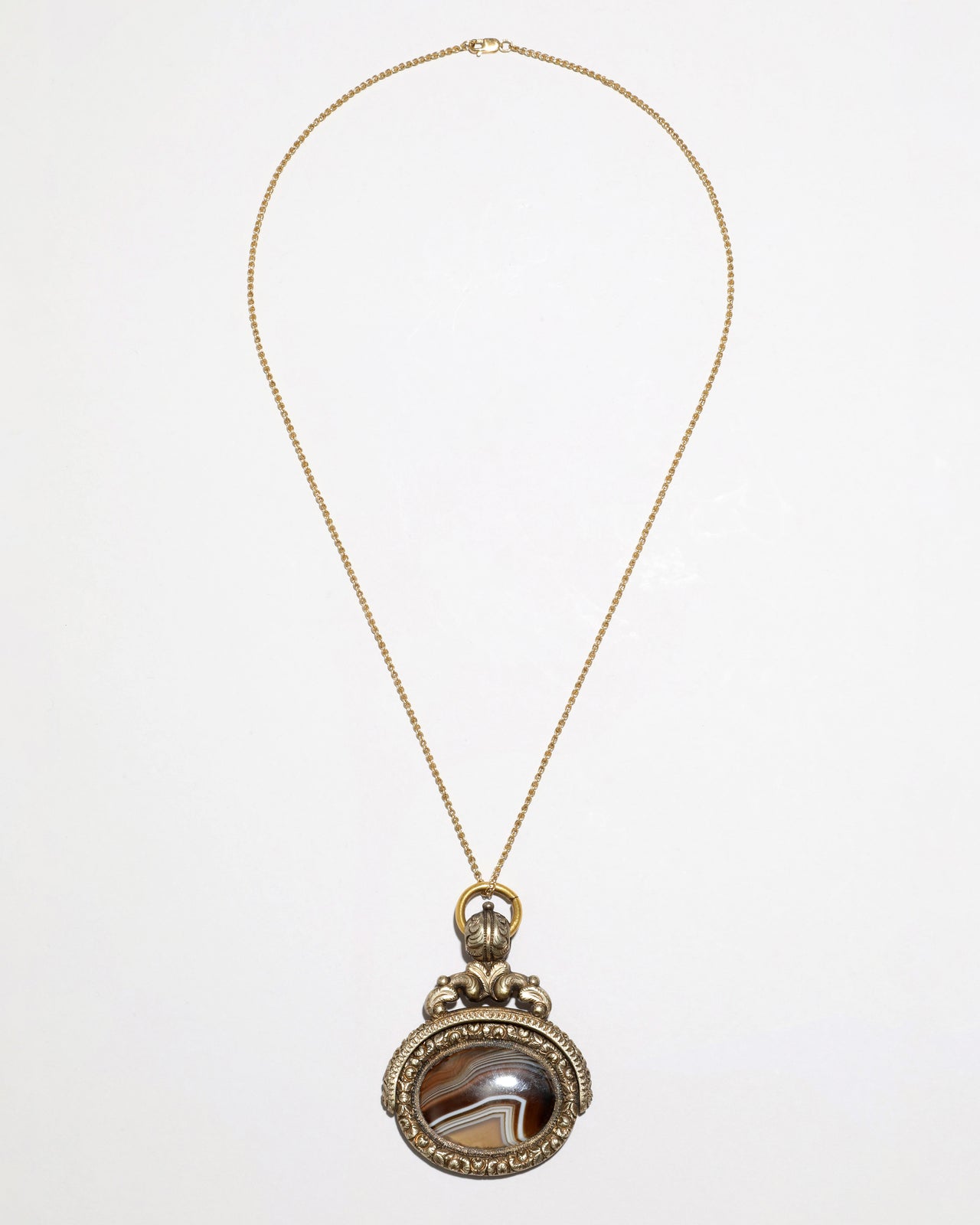 Antique Large Banded Agate Spinner Fob in Gold Plated Sterling Silver - Photo 2