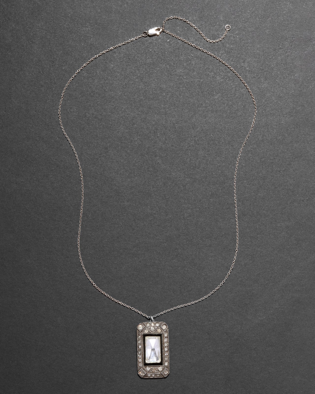 Vintage 1930s Sterling Silver Art Deco Onyx Framed Crystal Pendant Necklace - Photo 2