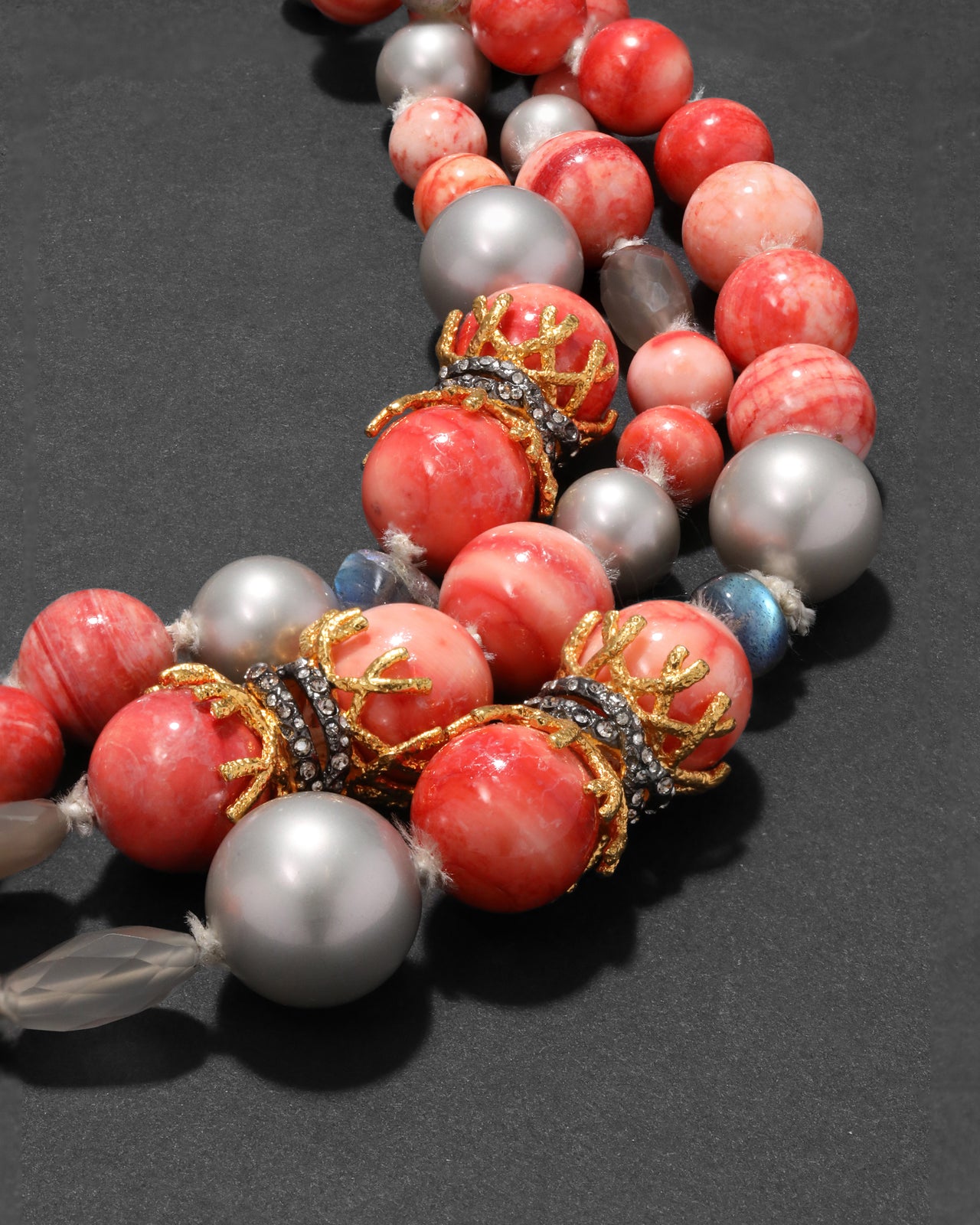 Archive Triple Strand Beaded Coral Agate Necklace - Photo 2