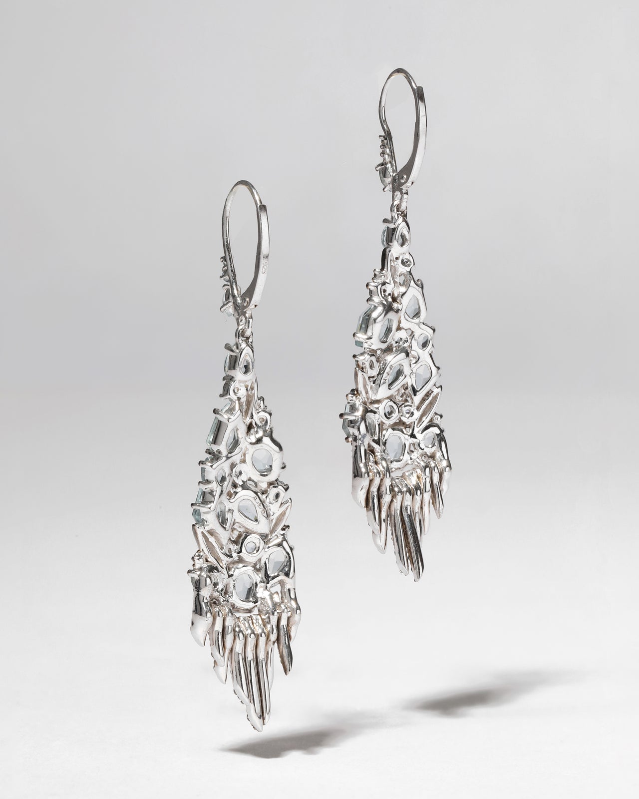 Archive Fine Sterling Silver Custom Cut Aquamarine with Blue Sapphire Leverback Earring - Photo 2