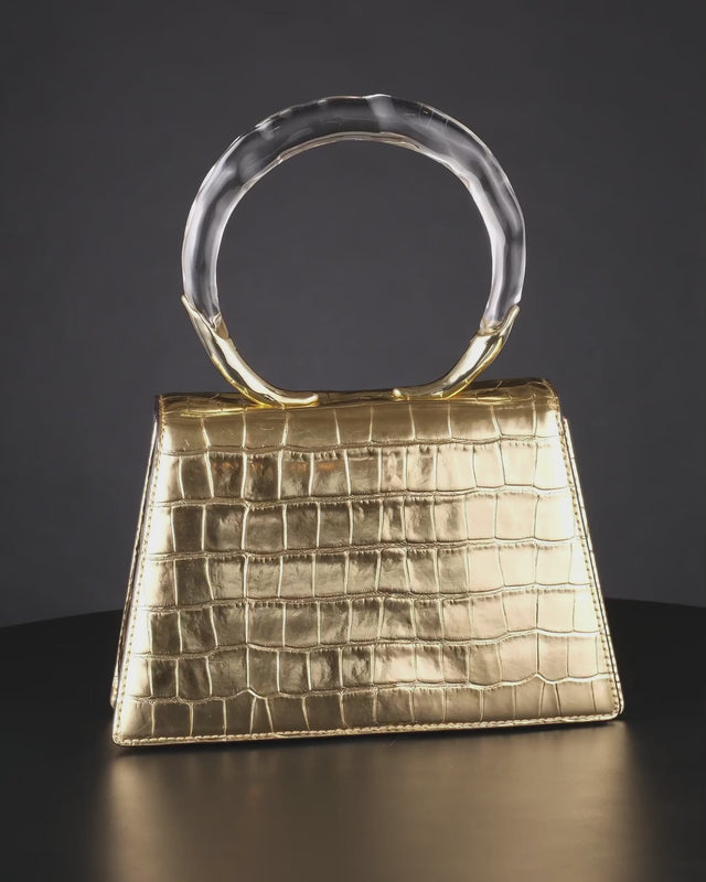 リアル　クロコダイル　クラッチ　パーティーバッグ　 アンティック　ゴールドトリム Lucite Quad Handbag - Gold Croc