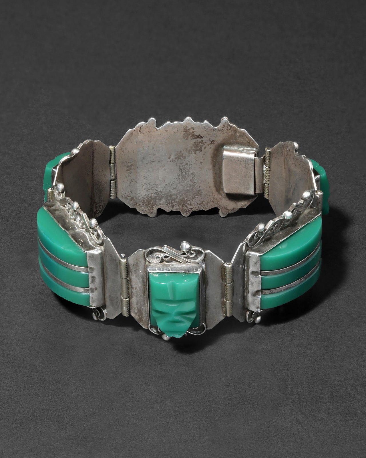Vintage 1930s Sterling Silver & Green Onyx Link Bracelet - Photo 2