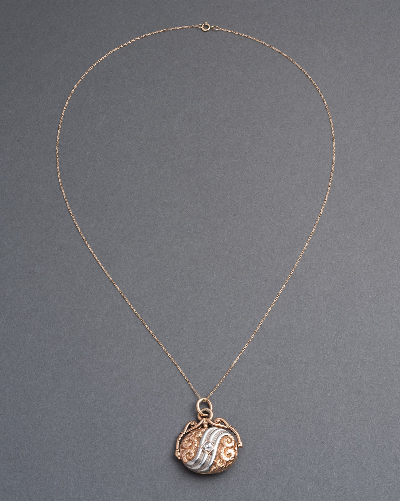 Antique 14k Rose Gold and Platinum Repousse Spinner Locket with Diamonds - Photo 2