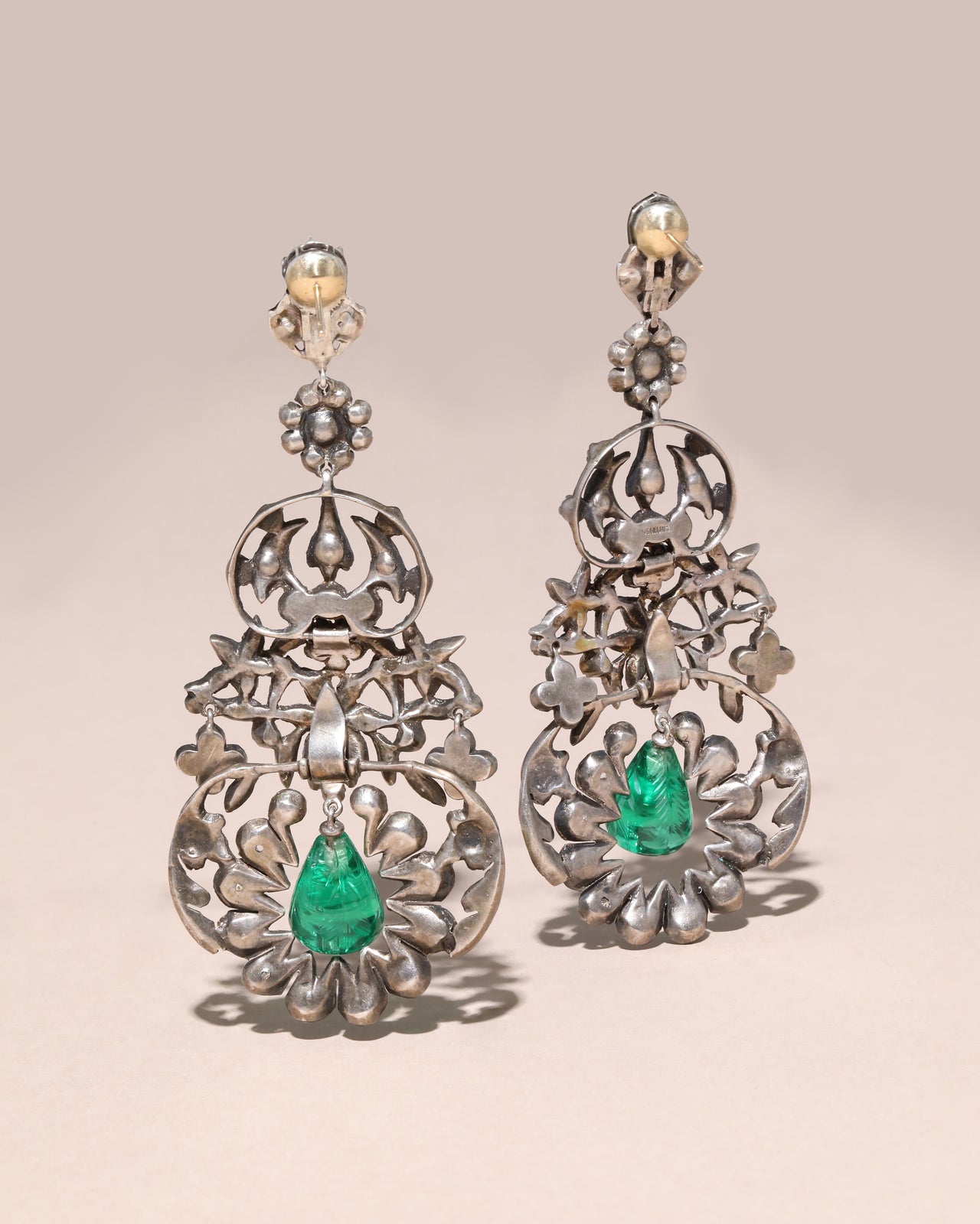 Antique Edwardian Sterling Silver & Paste Stone Earrings with Emerald Glass Drops - Photo 2