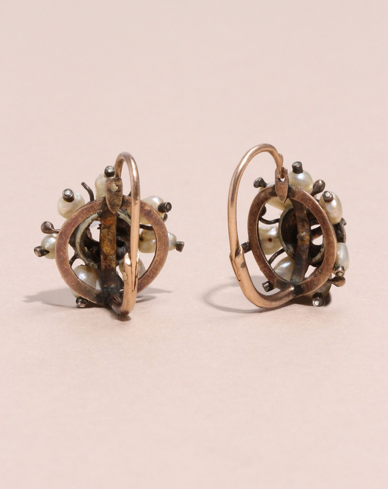 Antique 1860s Victorian 14k Gold Back to Front Closure Earrings with Pearl Diamond - Photo 2