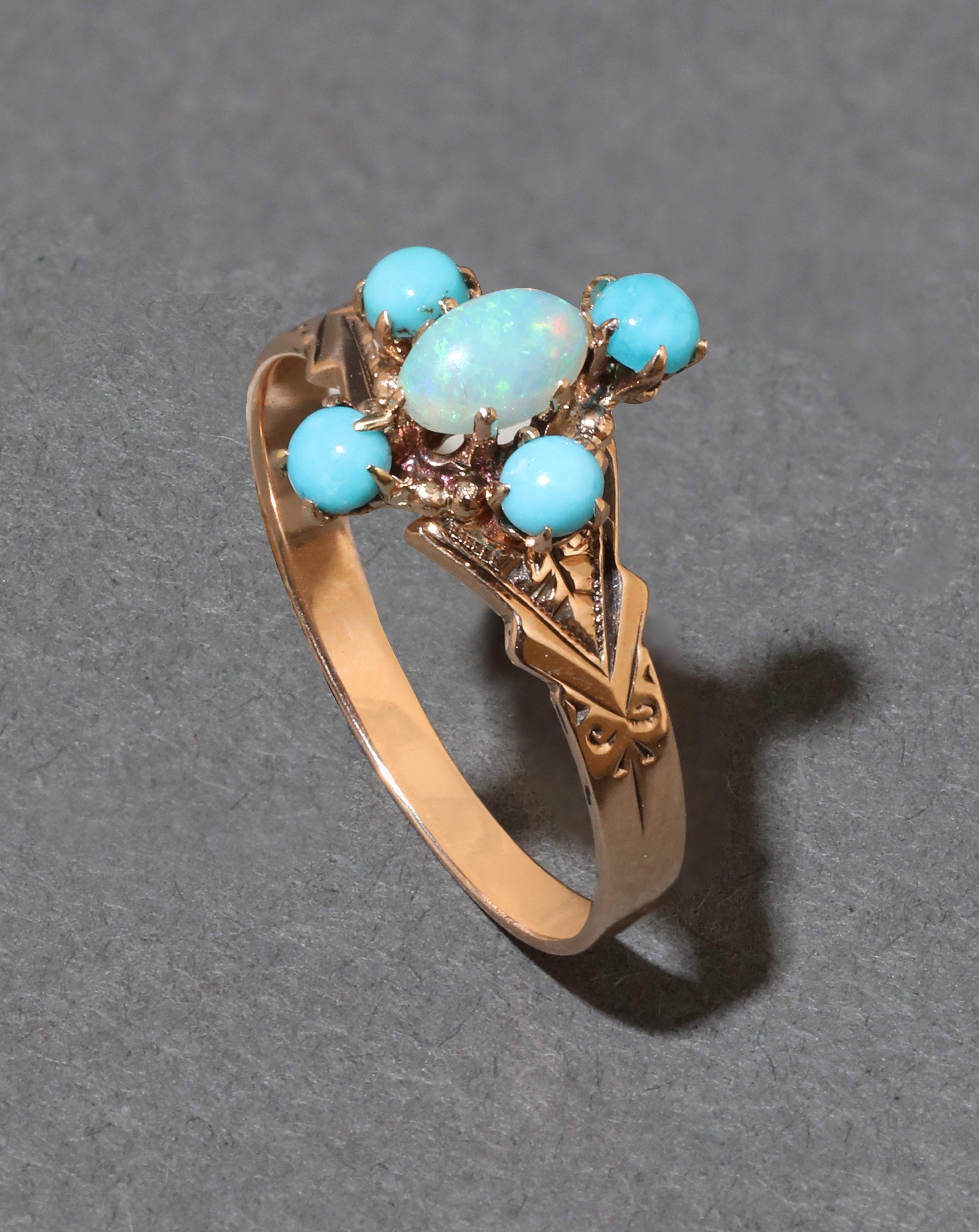 Antique Victorian Turquoise and Opal Ring in 14k Gold and Sterling Silver