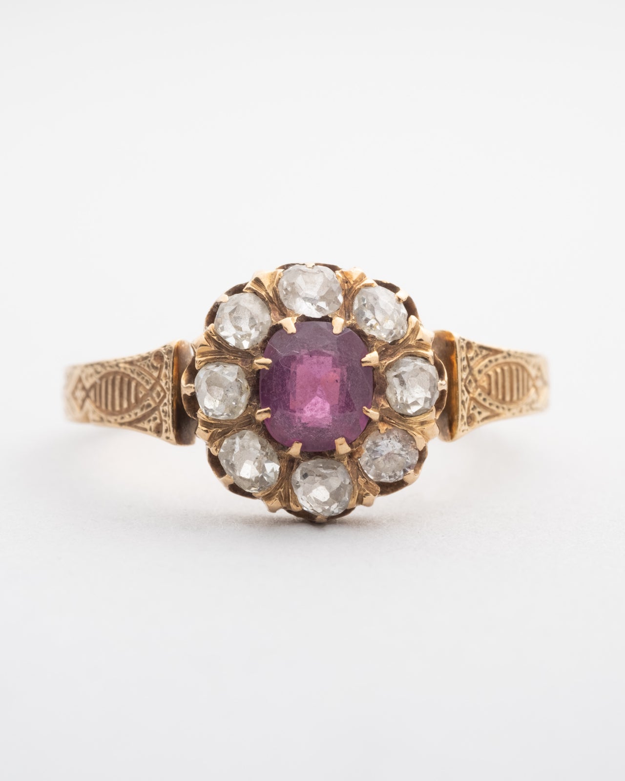 Antique Ruby and Rose Cut Diamond Halo Ring in 14k Gold - Photo 2