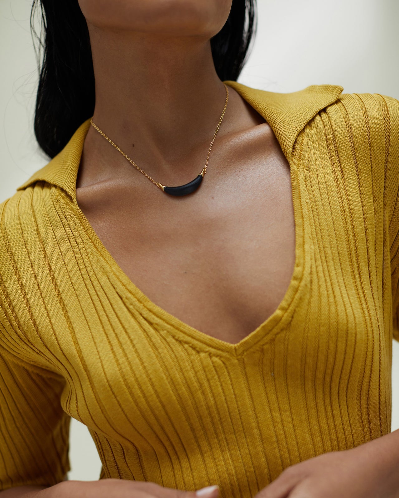 Gold Capped Crescent Lucite Necklace- Black - Photo 2