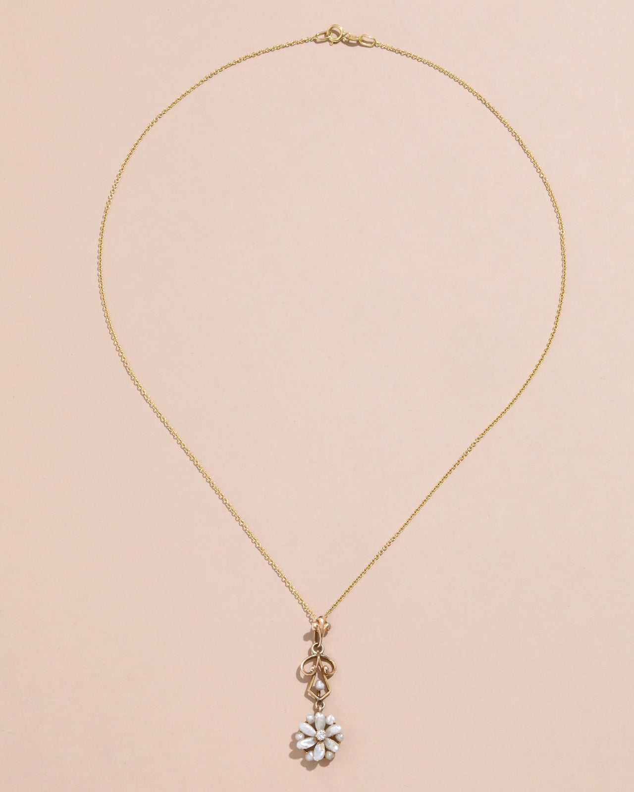 Antique Pearl and Diamond Flower Lavalier Necklace in 10k Gold - Photo 2