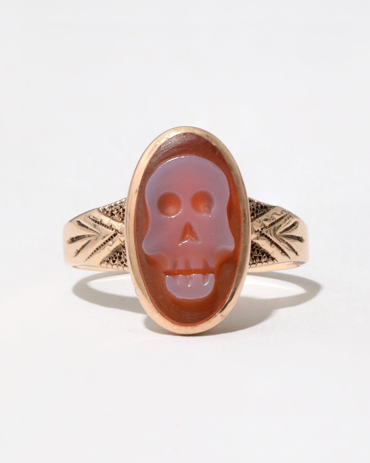 Antique Carnelian and 14k Gold Memento Mori Ring with Chevron Shoulders - Photo 2