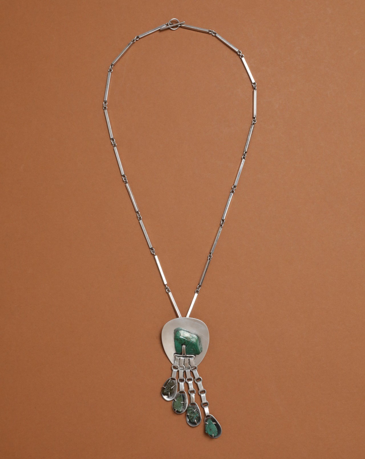 Vintage Modernist Sterling Silver and Turquoise Tassel Pendant Pin Necklace - Photo 2